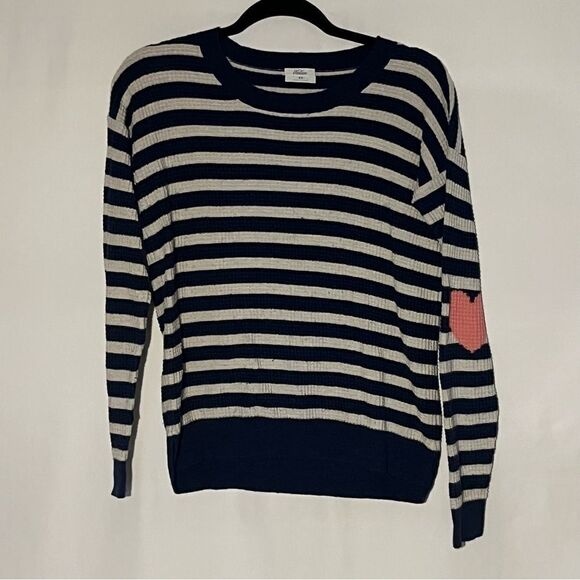 Women's Madewell Wallace Navy Striped Sweater with Heart Elbows - Picture 2 of 8